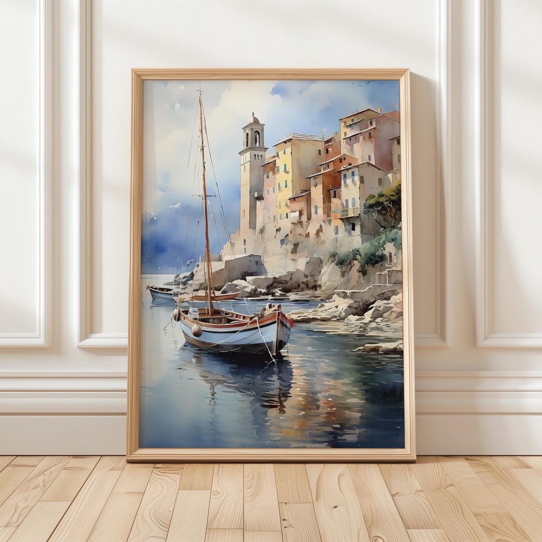 Sailboat Painting | Coastal Wall Art | Mediterranean Village Print ...