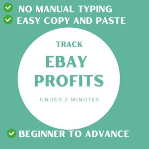 May include: White circle with the text "TRACK EBAY PROFITS UNDER 2 MINUTES" and a green checkmark above and below the circle. The text above the circle reads "NO MANUAL TYPING EASY COPY AND PASTE".