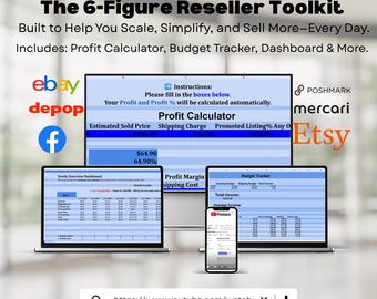 Ultieme reseller-spreadsheet met 6 cijfers Toolkit Ebay Depop Poshmark Boekhouding Budget Kleding Verkoopwinst Budgettracker Google-spreadsheet