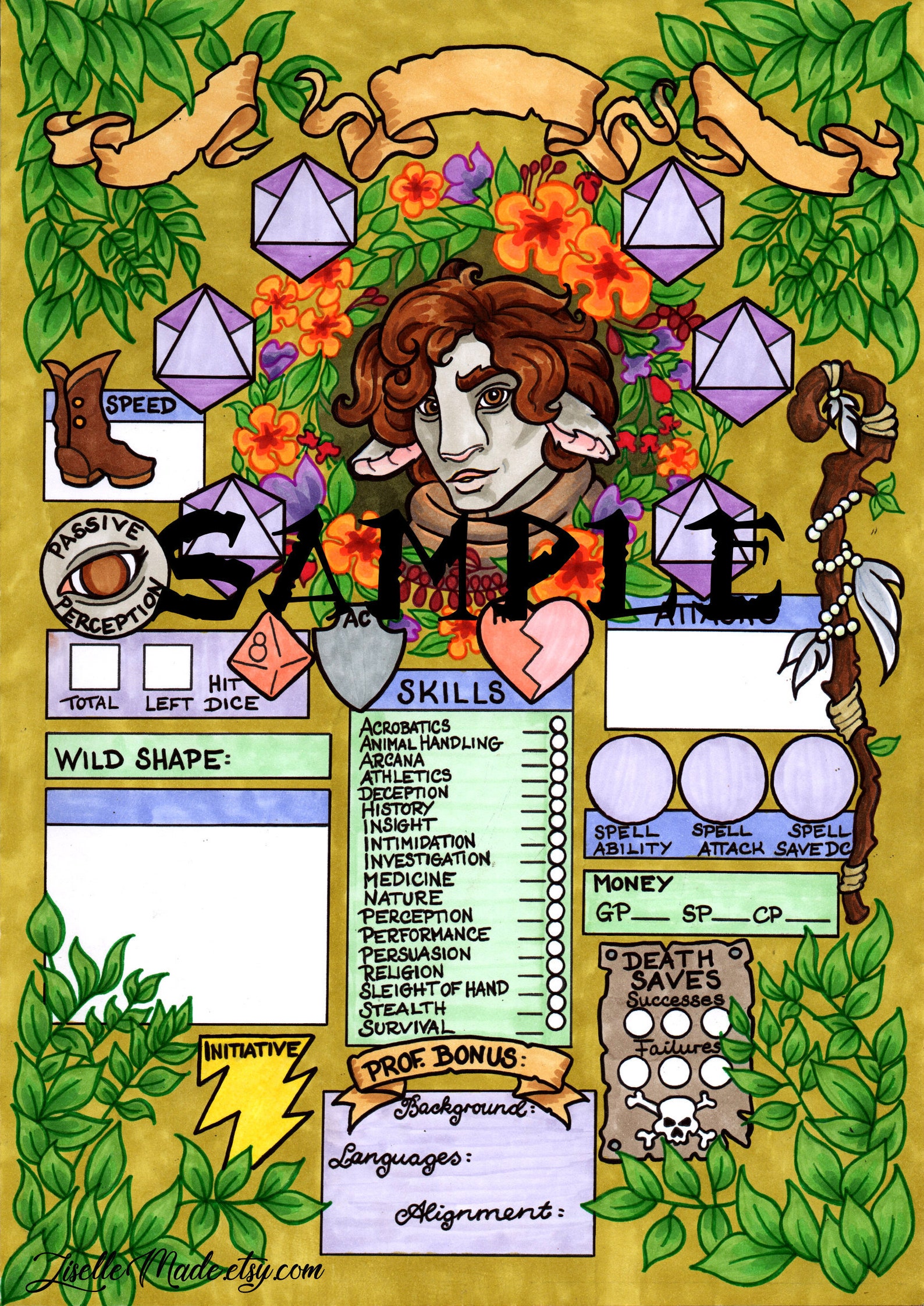 Printable Dungeons & Dragons character sheet PDF Firbolg Druid Etsy