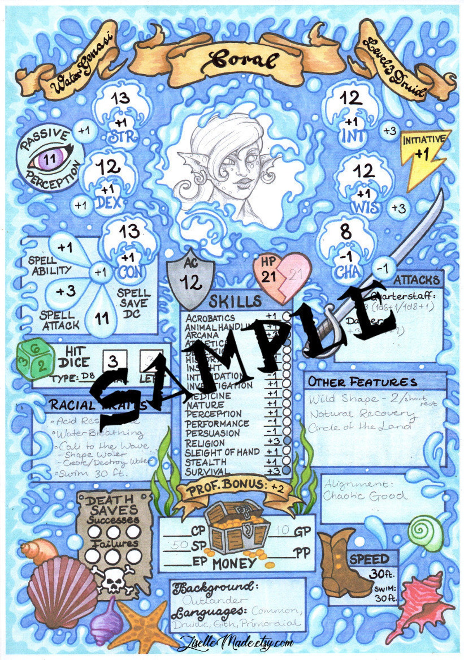 Printable Dungeons &amp; Dragons Character Sheet PDF Aquatic | Etsy