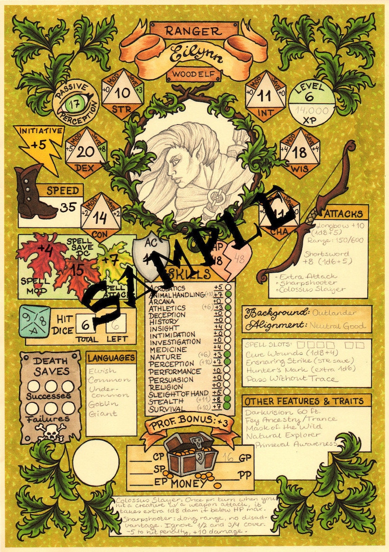 Printable Dungeons &amp; Dragons Character Sheet PDF Ranger - Etsy