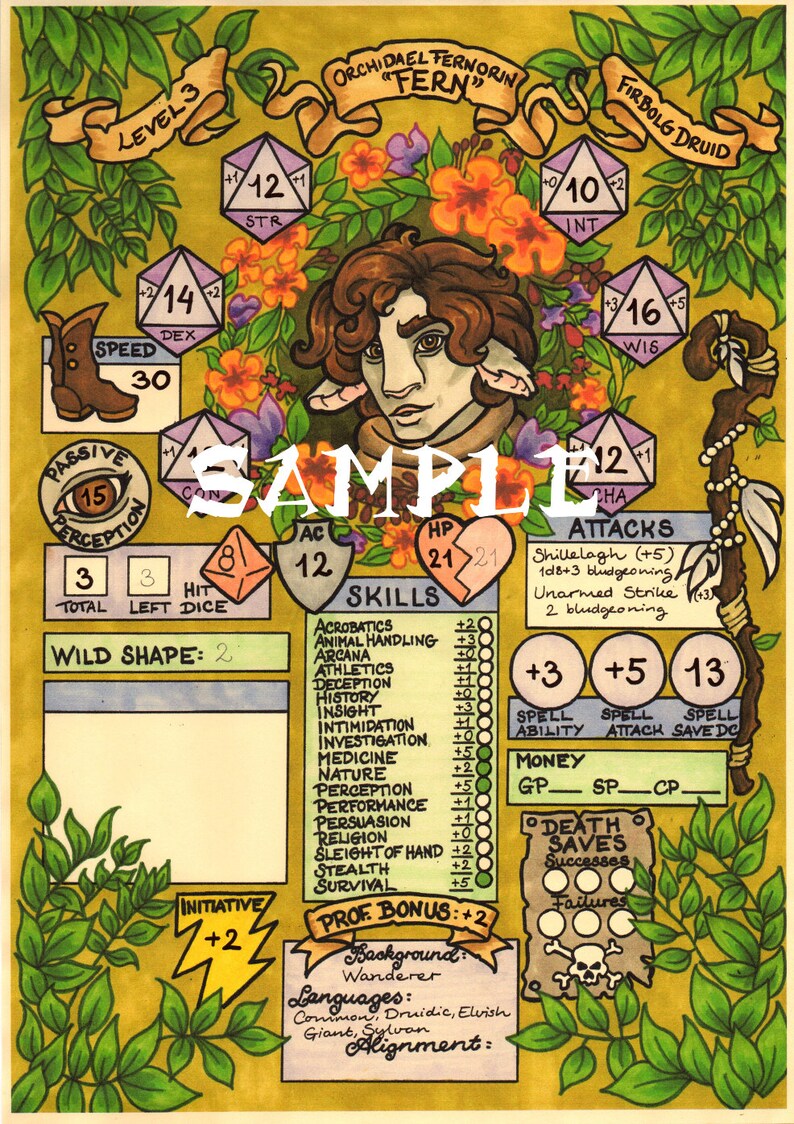 Printable Dungeons Dragons Character Sheet PDF Firbolg Druid Etsy Printable Dungeons Dragons Character Sheet PDF Firbolg Druid Etsy