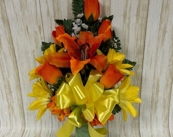 Handmade Yellow Orange Cemetery Flowers, Mausoleum Vase Arrangement