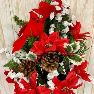 Red Cardinal Christmas, Crypt, Gravesite, Memorial, Funeral Flowers, Arrangement, Cemetery Decoration