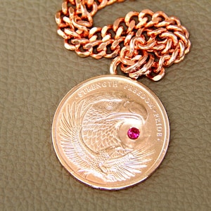 Mens Copper Eagle Pendant Necklace: Ruby Gemstone, Heavy Curb Chain • ME1054