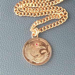Mens Copper Eagle Pendant Necklace: Ruby gemstone eye • heavy curb chain • ME1061