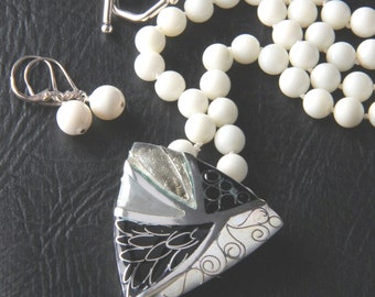 Silver Enamel Necklace, Earrings set: Sterling Silver, Gemstone Beads • EN1022