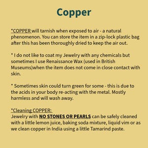 May include: Image with text detailing copper jewelry care. It covers tarnishing, storage in a zip-lock bag, and cleaning methods. It also mentions Renaissance Wax and skin discolouration. The text is on a light brown background.