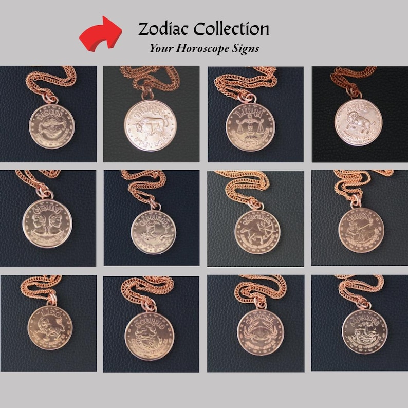May include: A set of twelve gold-coloured zodiac pendant necklaces, each featuring a different astrological symbol. The round pendants are suspended from matching chains. The text "Zodiac Collection" and "Your Horoscope Signs" are at the top.