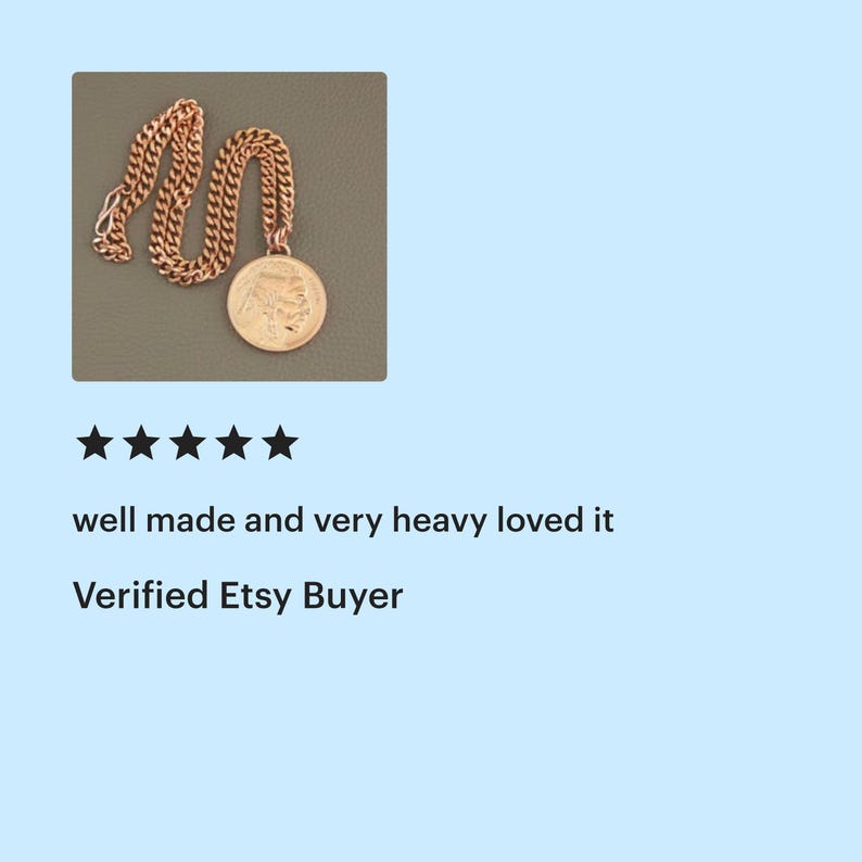 May include: A gold-coloured necklace with a large circular pendant featuring a detailed relief. The chain is a thick, linked design. The image is on a grey background. The text in the image says "well made and very heavy loved it" and "Verified Etsy Buyer".