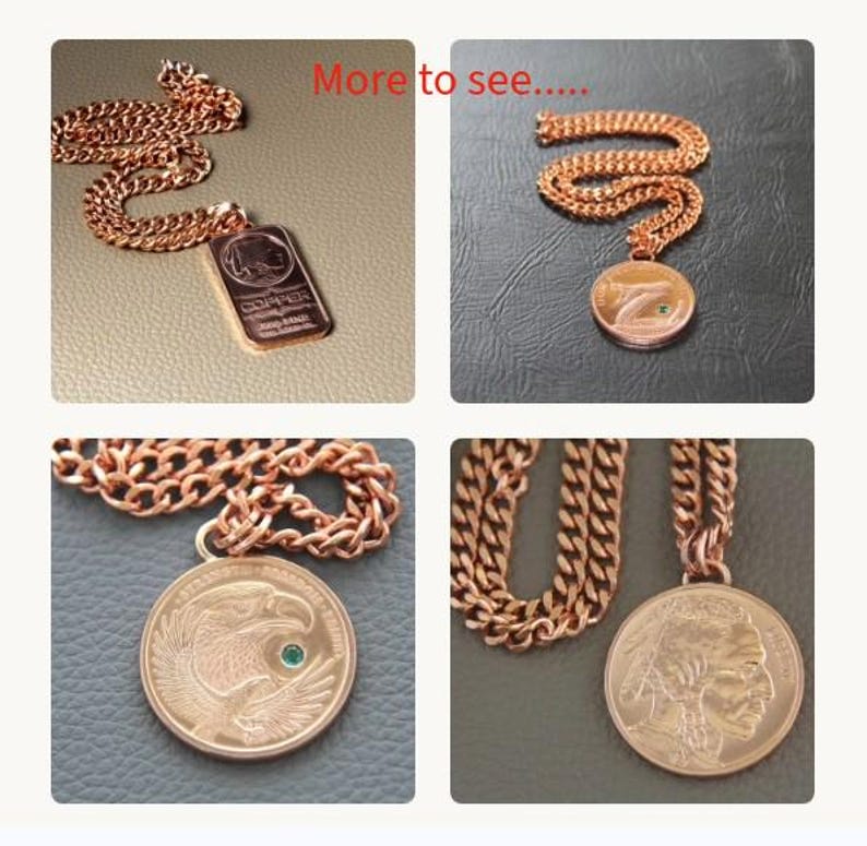May include: Copper chain necklaces with different pendants. One pendant is a copper bar with text, another features a number 7 with a green gem, and two others depict an eagle and a Native American profile, each with a green gem.