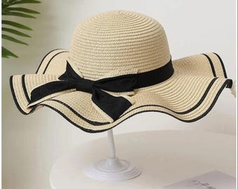 Handmade Straw Sun Hat, Cream Bow, Wide Brim Beach Hat