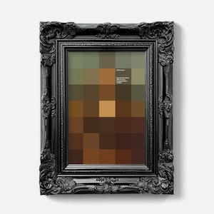 Puede incluir: Una obra de arte enmarcada que presenta una imagen pixelada en tonos marrones, verdes y beige. La obra de arte está enmarcada en un marco negro ornamentado. El texto en la esquina superior derecha dice "AllFrames" y texto adicional debajo.