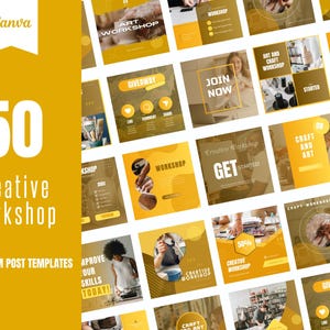 May include: A collection of 50 Instagram post templates for creative workshops. The templates feature a yellow and brown color scheme with images of people working on crafts, text overlays, and geometric shapes.