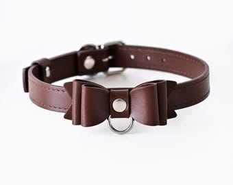Braun Leder Schleife Halsband, kundenspezifisches Halsband für Hunde und Katzen, Hochzeit Choker für Haustiere