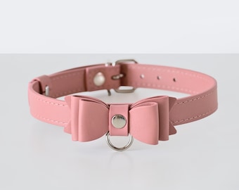 Kundenspezifisches rosa Lederschleifen-Halsband, niedliches Haustierzubehör für Hunde und Katzen, handgefertigter Rindsleder-Tageshalsband