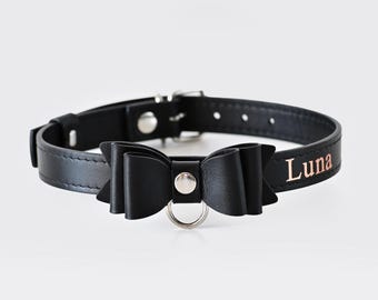 Personalisiertes schwarzes Lederbogenhalsband, individuell geprägtes Hundehalsband, elegantes Smoking-Haustierzubehör für Katzen, Lederprägung