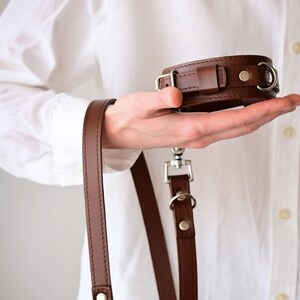 May include: A brown leather collar and leash set. The collar has a buckle and a metal ring. The leash has a matching brown leather strap with metal hardware. The set is held in a person's hand.