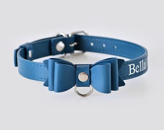 Blau Schleifen Leder Choker, personalisierte Hot Stamping Halsband für Hunde und Katzen