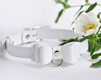 Weißes Schleifen Lederhalsband für Hunde und Katzen, Hochzeitshalsband