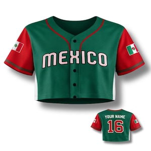 May include: Green and red baseball jersey with "MEXICO" in white lettering. The jersey has a v-neck, short sleeves, and a button-up front. The sleeves have the Mexican flag on them. A smaller jersey with "YOUR NAME" and the number 16 is also shown.