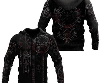 Viking Runes Hoodie with Vegvisir Compass, Valknut Symbols, Norse Mythology 3D Zip Up