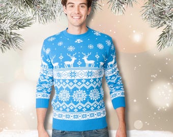 Sky Blue Reindeer Fair Isle Christmas Sweater, Unisex Snowflake Knit Winter Jumper