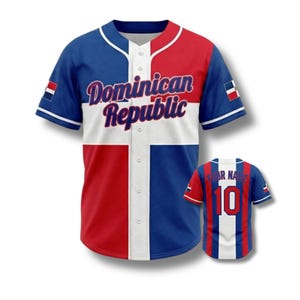 May include: A baseball jersey in the colors of the Dominican Republic flag: red, white, and blue. The front features the text "Dominican Republic" in script. A smaller jersey shows a number 10 and space for a name on the back.