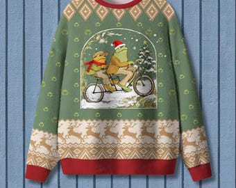 Frog Friends on Bicycle Christmas Sweater, Cute Storybook Winter Jumper, Cozy Cottagecore Animal Holiday Pullover Unisex Festive Knit