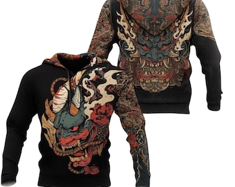 Japanese Oni Demon Mask Hoodie with Vintage Tattoo Art, Samurai Streetwear 3D Print