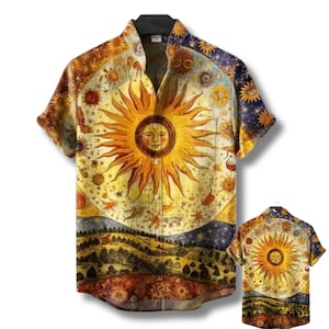 Hawaiiaans shirt Celestial Sun, vintage astrologie Aloha button-up, kosmisch zomershirt boho