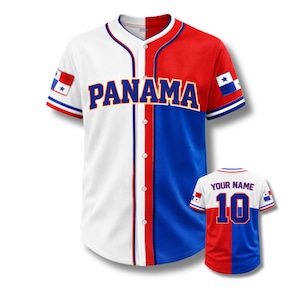 May include: A baseball jersey in the colours of the Panamanian flag: white, red, and blue. The word "PANAMA" is across the chest. A smaller jersey with "YOUR NAME" and the number "10" is also visible.