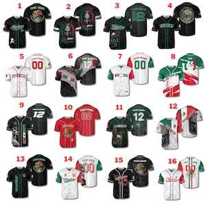 May include: A collection of sixteen baseball jerseys and t-shirts, featuring the Mexican flag and eagle emblem. The jerseys are white, red, and green, with the word "Mexico" and numbers on the back. The t-shirts are black and green.