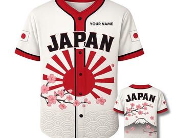 Personalized Japan 3D Baseball Jersey Custom Name Button Up Shirt, Sakura Cherry Blossom & Mt Fuji Rising Sun Graphic Gift for Men Women