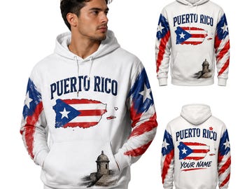 Puerto Rico Hoodie, Puerto Rican Flag Midweight Hoodie, Custom Name Boricua Pride Gift