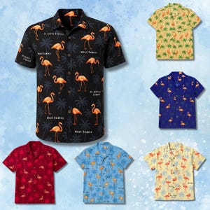 May include: A collection of short-sleeved button-down shirts with flamingo and palm tree patterns. Shirts are in various colors, including black, red, blue, and yellow. The black shirt has text that reads "St. Kitts & Nevis" and "West Indies".