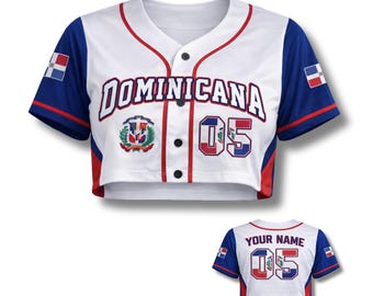 Personalized Dominicana Crop Baseball Jersey, Custom Name Number, Dominican Flag Sleeves