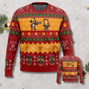 May include: A festive Christmas jumper in red, orange, and green, adorned with pixelated characters and festive motifs. The design incorporates TNT boxes, Christmas trees, and geometric patterns. A smaller version is also shown.