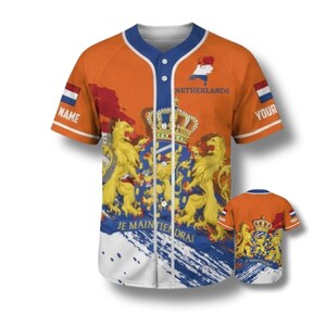 May include: Orange baseball jersey with a blue collar and white buttons. The jersey features the Netherlands coat of arms, the text "NETHERLANDS", and the phrase "JE MAINTIENDRAI". The sleeves have the Dutch flag and space for a name.