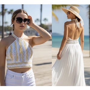 Può includere: Top all'uncinetto bianco e giallo con jeans bianchi. Il top presenta un motivo a righe e un collo all'americana. La seconda immagine mostra un abito bianco all'americana con un cappello di paglia e occhiali da sole.