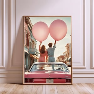 Retro Para Ścienna Sztuka z Różowymi Balonami – Pastelowa Estetyka Wydrukowana – Romantyczna Jazda Samochodem Cyfrowe Pobieranie – Natychmiastowa Dekoracja Domu