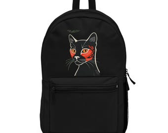Cat Art Backpack: Trendy School Travel Bag - Black Cat Design