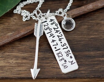 Custom Coordinate Jewelry, Location Necklace, Latitude Longitude Necklace, Coordinate Necklace, Personalized Bar Necklace, Arrow Necklace