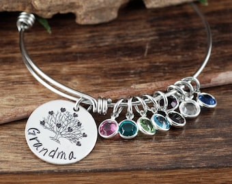 Grandma Bracelet,Personalized Birthstone Bracelet, Silver Charm Bracelet, Silver Family Bangle Bracelet, Mother's Day Gift, Gift for Grandma