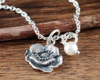 Sterling Silver Vintage Flower Necklace, Poppy Flower Necklace, Silver Flower Necklace, Necklace for Mom, Wedding Jewelry, Bridesmaid Gift