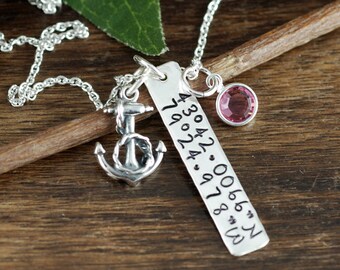 Custom Coordinate Jewelry, Location Necklace, Latitude Longitude Necklace, Coordinate Necklace, Beach Wedding, Anchor Necklace, Nautical
