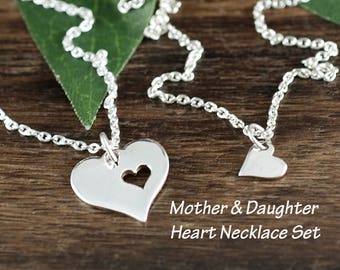 Mother Daughter Necklace Set, Mother's Day Gift, Silver Heart Necklace, Piece of my Heart Cut Our Necklace, Gift for Mom, Gift for Her