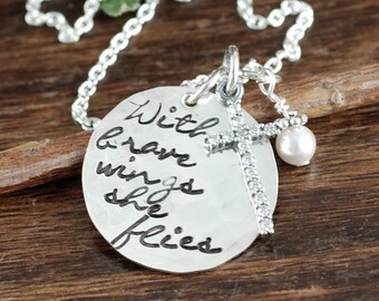 With Brave Wings She Flies Necklace, Inspirational Necklace, Inspirational Gift for Her, Hand Stamped Necklace, Motivational Gift, BFF GIFT