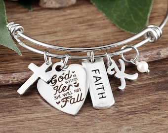 God is within her She will not Fall, Bible Verse Bracelet, Faith Jewelry, Psalm 46 5, Scripture Jewelry, Encouragement Jewelry